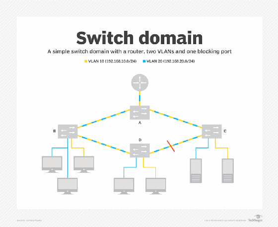 Switch-Domäne mit zwei VLANs und vier Switches.