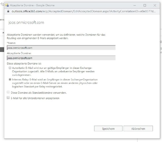 Abbildung 7: Konfigurieren der E-Mail-Domänen im Exchange Admin Center von Exchange Online.
