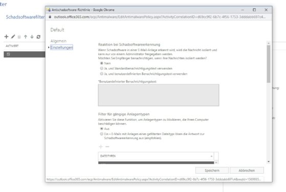 Abbildung 9: Konfigurieren der Richtlinieneinstellungen für Malware in Office 365.