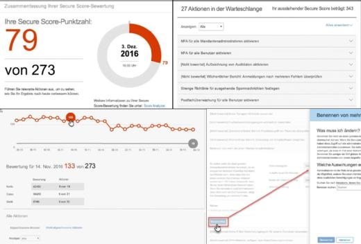 Nachdem die Punktezahl für die Sicherheit der eigenen Office-365-Landschaft ermittelt wurde, liefert Office 365 Secure Score Vorschläge, wie sich der Wert verbessern ließe. Im Score Analyzer kann man für jeden Tag ablesen, welche Änderungen stattfanden und wie sich diese ausgewirkt haben.