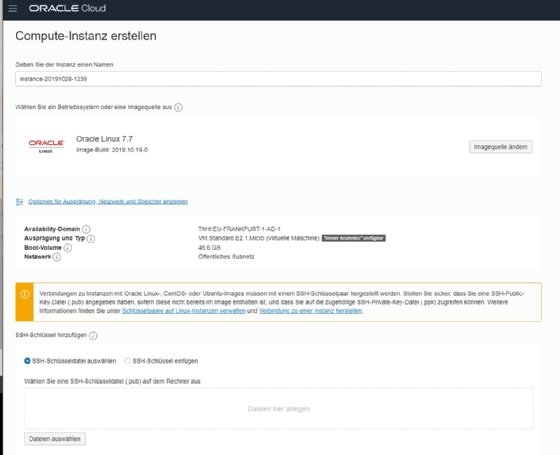 Abbildung 4: Erstellen einer neuen virtuellen Maschine (VM) in der Oracle Cloud.