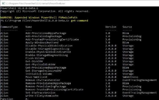 Ausführen von get-command in der PowerShell Core 6.0