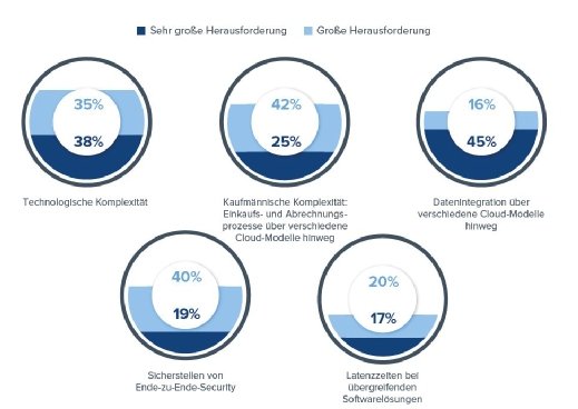 Sowohl die technische als auch die kaufmännische Komplexität beim Einsatz mannigfaltiger Cloud-Lösungen sehen Verantwortliche als große Herausforderungen.