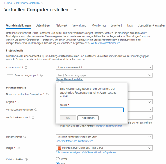 Abbildung 1: Bei der Erstellung von neuen Ressourcen lassen sich in Azure vorhandene Ressourcengruppen auswählen oder neue Gruppen erstellen.