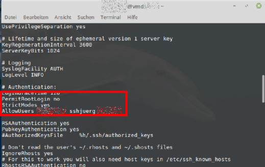 In unserer Konfiguration darf sich root nicht direkt anmelden. Nur Anwender sshjuerg hat die Rechte, sich via SSH anzumelden.