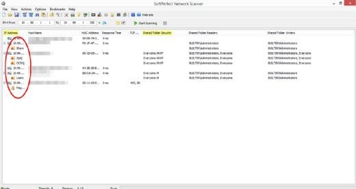 Der Network Scanner liefert die Freigaben im Netzwerk als Ergebnis zurück.