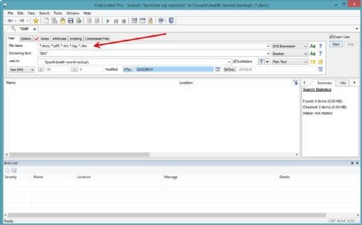 So sieht eine gezielte Suche nach dem Begriff „SSN“ in FileLocator Pro aus.