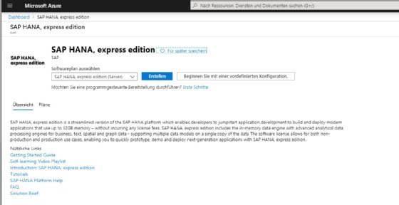 Abbildung 1: SAP HANA kann für Testsysteme in Microsoft Azure als Express Edition bereitgestellt werden.