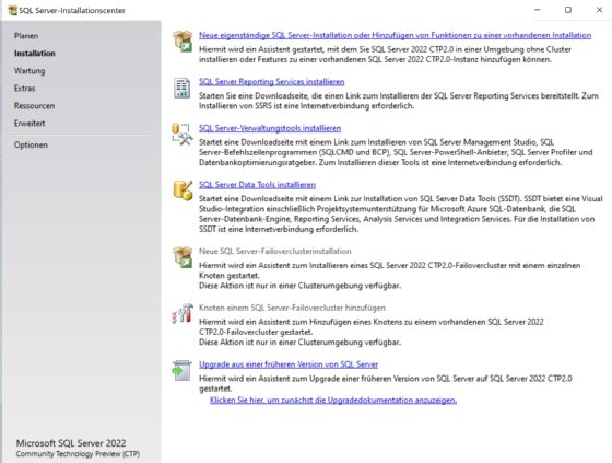 Starten der Installation von SQL Server 2022 auf einem lokalen Server mit Windows Server 2022.