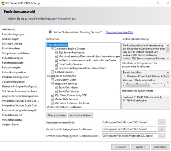 Auswählen der Komponenten von SQL Server 2022