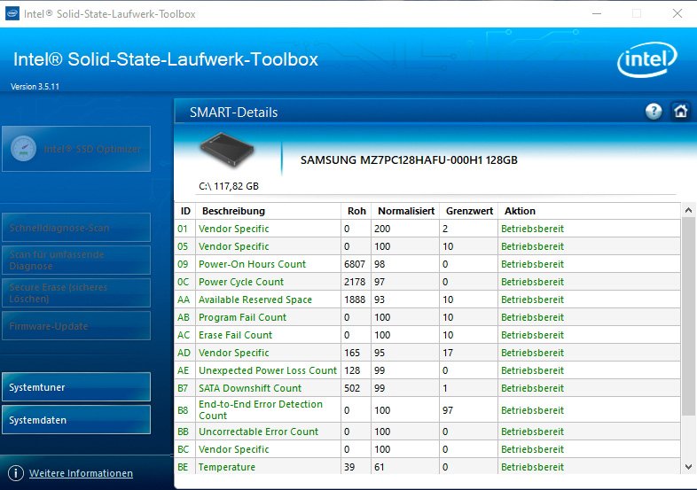 Überwachen von SSD mit der Intel SSD-Toolbox.