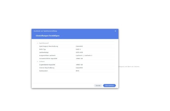 Abbildung 16: Abschluss des Assistenten zum Erstellen von neuen Speicherpools und Volumes auf einem Synology-NAS