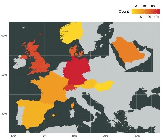 Abbildung 1: Fälle von Netzwerkdatei-Verschlüsselung mit Ransomware in der EMEA-Region, aufgeschlüsselt nach Ländern.