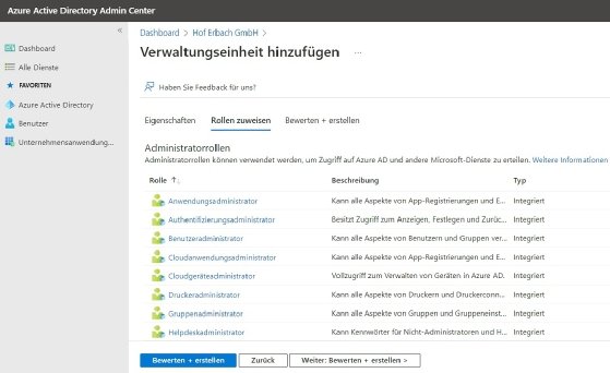 Abbildung 2: Zuweisen der Administratorrollen einer neuen Verwaltungseinheit.