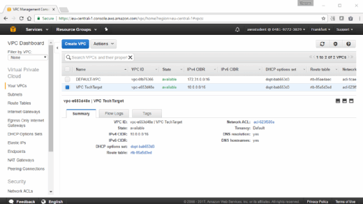 Die Summary-Ansicht der ersten Virtual Private Cloud.