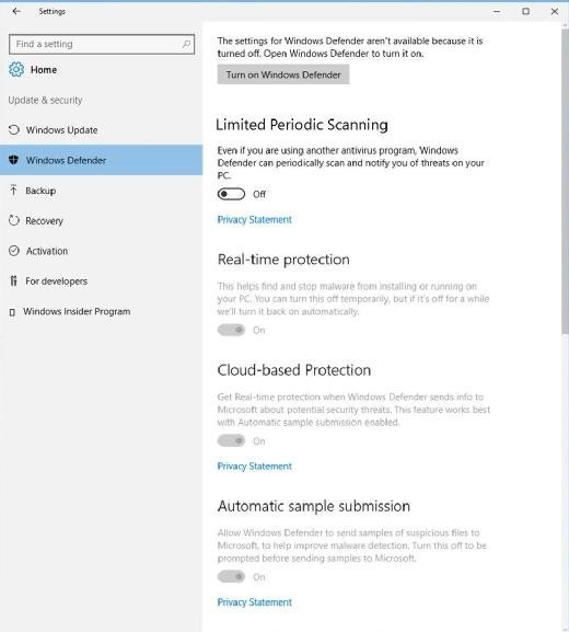 Windows Defender Limited Periodic Scanning
