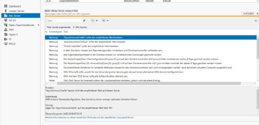 Der Best Practices Analyzer zeigt Konfigurationsfehler sowie deren Lösung an.