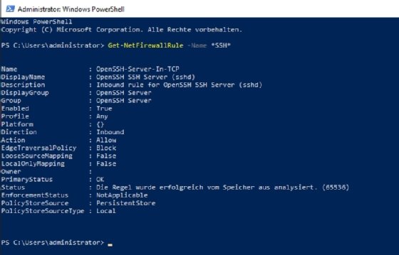 Abbildung 2: In der PowerShell lässt sich die die Firewall-Regel für OpenSSH überprüfen.
