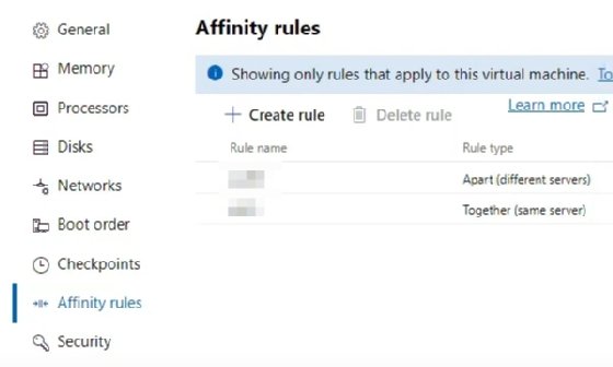 Abbildung 1: Verwalten sie Affinitätsregeln im Windows Admin Center