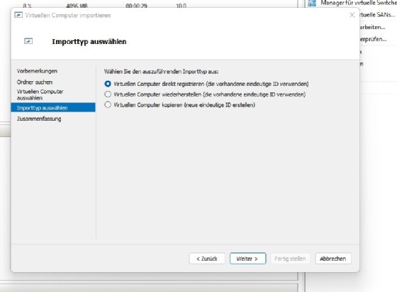 Abbildung 3: Auswählen der Optionen zum Importieren von VMs in Windows Server 2022.