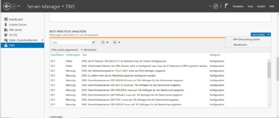 Abbildung 4: Der Server-Manager liefert Microsoft-Empfehlungen im Hinblick auf den richtigen Betrieb der DNS-Server.