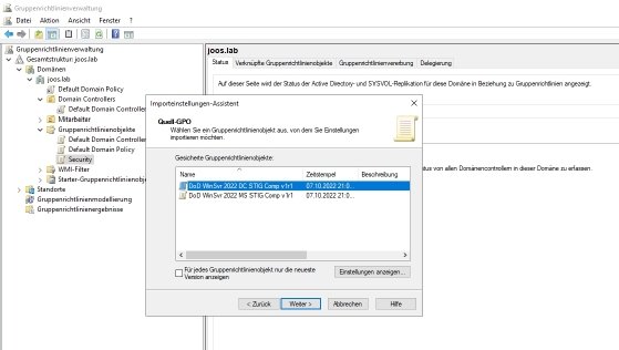 Die Sicherheitsempfehlungen des DoD importieren.