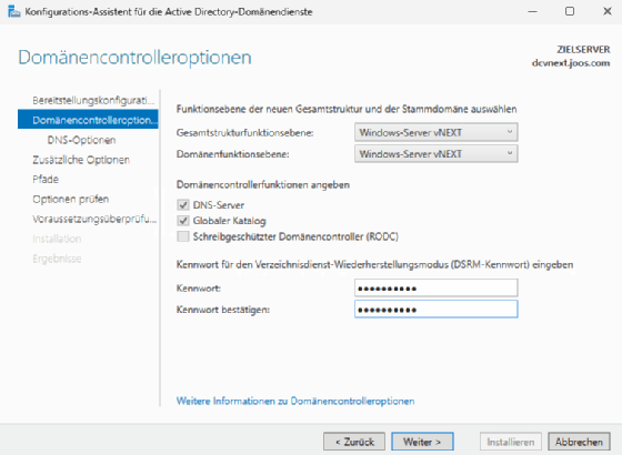 Festlegen der Funktionsebene eines neuen Domänencontrollers