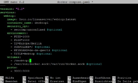 Screenshot der Einstellungen für Docker COmpose