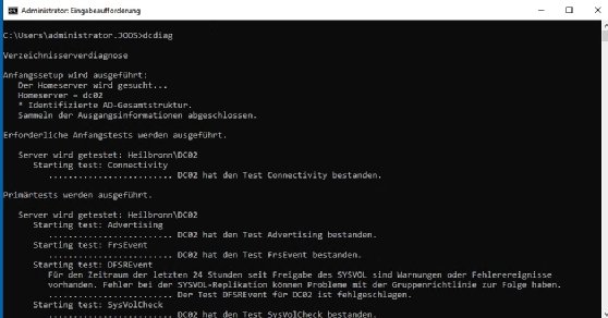 Abbildung 2: Das Befehlszeilen-Tool dcdiag hilft bei Problemen auf Domänencontrollern.