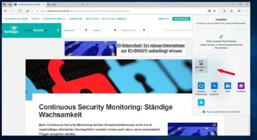 Schnelle Freigabe eines Links aus dem Edge-Browser. In diesem Zusammenhang ist es zudem wichtig, dass die Rechner eindeutige und wiedererkennbare Namen besitzen, damit die Nutzer sie im Freigabe-Dialog sofort zuordnen können.