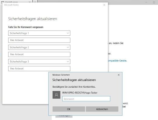 Hilfe für den Nutzer mit einem lokalen Konto: Mit dem Redstone-4-Release bekommen diese Nutzer die Möglichkeit, ihr Passwort mit Hilfe von drei zuvor konfigurierten Sicherheitsabfragen einfacher zurückzusetzen.