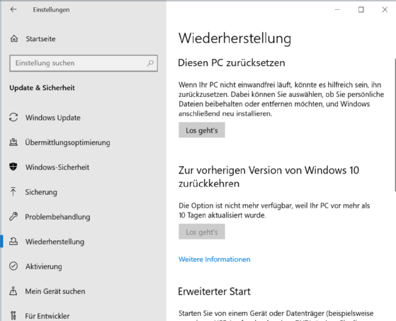 Abbildung 1: Im Windows-Betriebssystem gibt es eine Option zum Zurücksetzen des PCs.