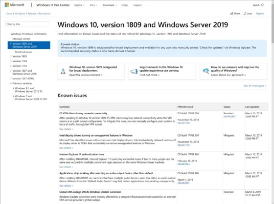 Abbildung 2: Anwender wie Administratoren sollen sich künftig an zentraler Stelle, und wie Microsoft verspricht sehr zeitnah, über bekannte Probleme einzelner Windows-10-Versionen informieren können.