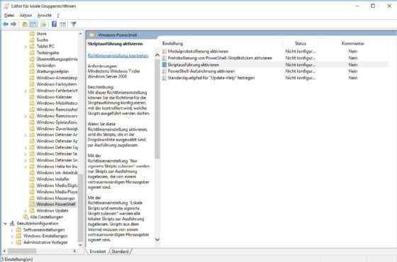 Die Ausführung von PowerShell-Skripten lässt sich über Richtlinieneinstellungen deutlich sicherer konfigurieren.
