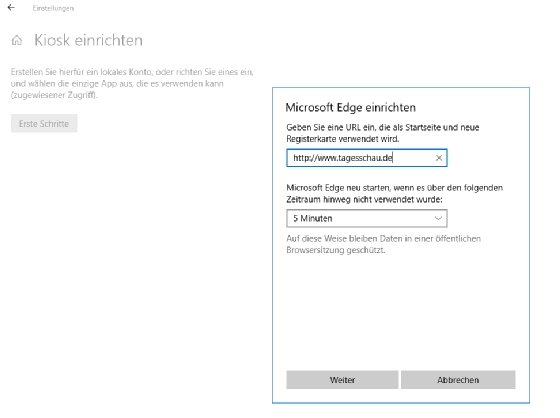 Der Kiosk-Modus wird mit einem Assistenten eingerichtet.