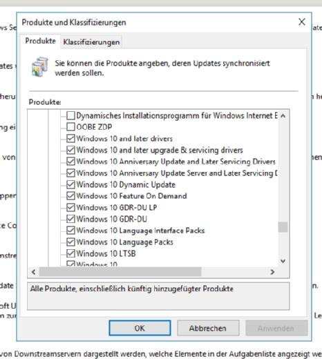 In der WSUS-Konsole lassen sich die Einstellungen für den Download von Windows-10-Updates vornehmen.