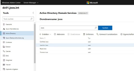 Abbildung 2: Per Windows Admin Center können Administratoren nun auch die Benutzer im Active Directory verwalten.