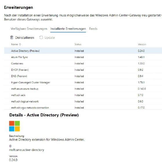 Abbildung 1: Die verfügbaren oder bereits installierten Erweiterungen lassen sich im Windows Admin Center zentral verwalten.