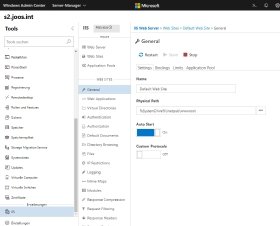 Abbildung 3: Per Windows Admin Center lassen sich wichtige Funktionen der Verwaltung des IIS abbilden, auch das Anlegen von Webseiten oder Neustart des Servers.