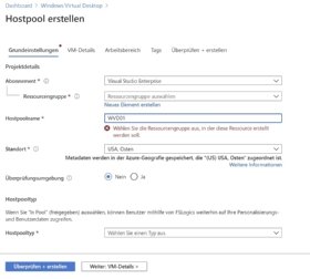 Abbildung 3: Erstellen eines neuen Hostpools für Windows Virtual Desktop