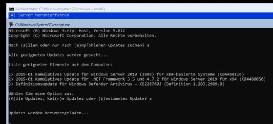 Installieren der Updates für Windows Server 2019 auf einem Core-Server.