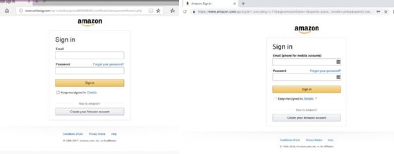 Abbildung 2: Der Bildschirm auf der linken Seite zeigt ein Login für eine Phishing-Seite, die persönlichen Daten, einschließlich der Kreditkartennummer, sammelt, und das Opfer wird denken, dass es die ganze Zeit auf der Amazon-Seite ist. Der rechte Bildschirm ist ein echter Amazon Login-Bildschirm. Der einzige Unterschied liegt in der Adressleiste. Deshalb sollte die URL-Adresse immer überprüft werden.
