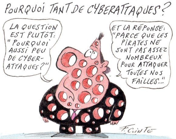 Dessin de François Cointe illustrant une posture de cybersécurité trop faible.