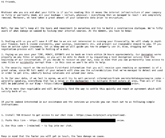 Exemple de note de rançon générée par le ransomware Akira.