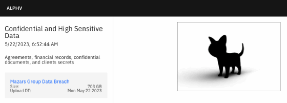 Capture d'écran de la revendication d'une cyberattaque contre le groupe Mazars sur le site vitrine d'Alphv.