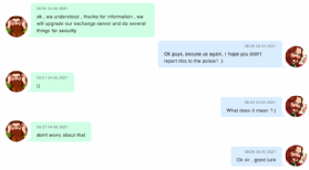 screenshot d'une discussion avec les attaquants inquiets d'un signalement à la police