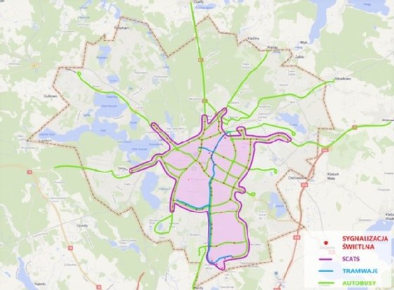 Carte de la couverture du système numérique de gestion des transports à Olsztyn.