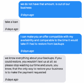 Extrait d'une négociation où sont évoquées les sauvegardes d'une victime du ransomware DarkSide.