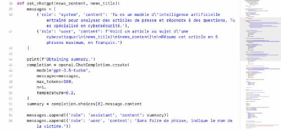 Capture d'écran d'un extrait du code utilisé pour solliciter ChatGPT pour l'analyse de presse.