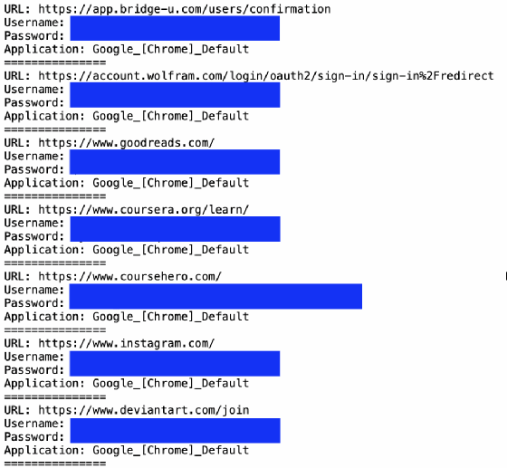 Exemple d'identifiants collectés par un infostealer et compilés dans un log.